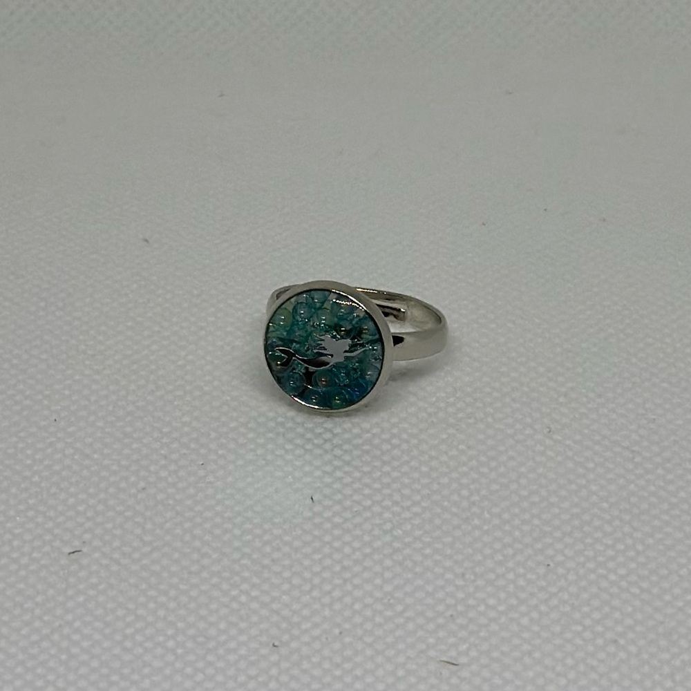 Handmade Silver Ring with a Mermaid and Blue Bubbles